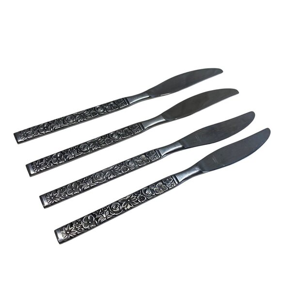 Set Of 4 Floral Handle Stainless Steel Butter Hand Forged Finesse Korea Vintage - Picture 4 of 5